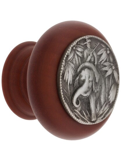 Hardwood Knob with Elephant Onlay - 1 1/2 inch Diameter in Cherry/Antique Pewter.